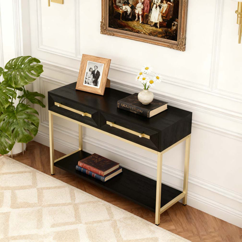 Console avec deux tiroirs, table de couloir rétro au design géométrique saisissant pour le vestibule et le salon, Noir