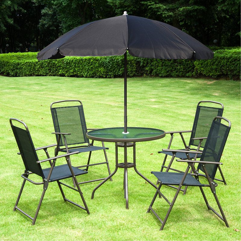 Ensemble de salle à manger de patio 6 pièces pour 4 personnes avec parasol, table d'extérieur et chaises avec 4 chaises pliantes et table ronde en verre pour le jardin, la cour et la piscine, noir