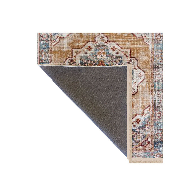 Tapis décoratif tissé lavable à la machine bleu brun, Rectangle 5 pi 1 po x 7 pi 7 po