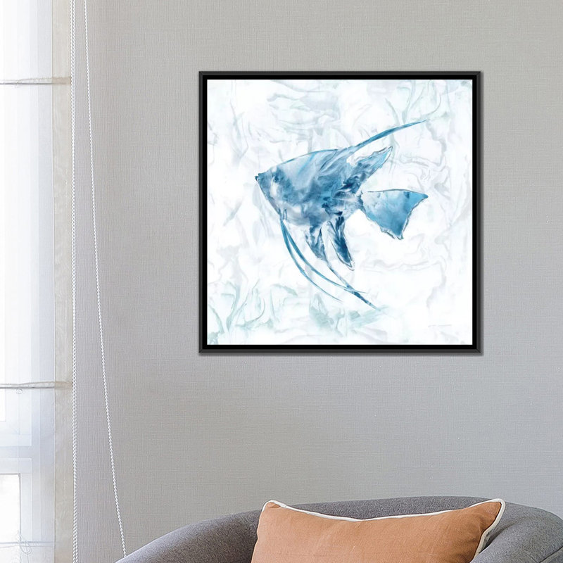 «Blue Marble Tropical Fish», impression sur toile, H 26 po x l 26 po x P 1,5 po, Toile avec cadre noir, Pas de tapis