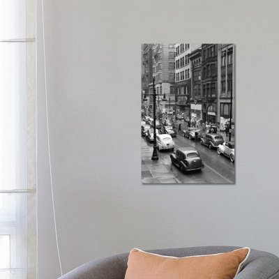 1940s Rainy Day on Chestnut Street Philadelphia Pa Cars Pedestrians Storefronts 1 Piece Wrapped Canvas Wall Art