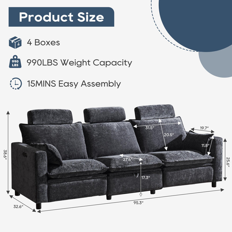 95.3'' Upholstered Sofa-cloud Couches With Pillows, Usb&type-c Ports For Bedroom,apartment,office, Gray