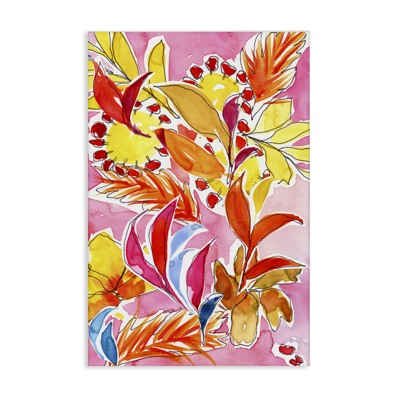 "Orange Botanicals" sur toile rose par Victoria Barnes, H 45 po x l 30 po