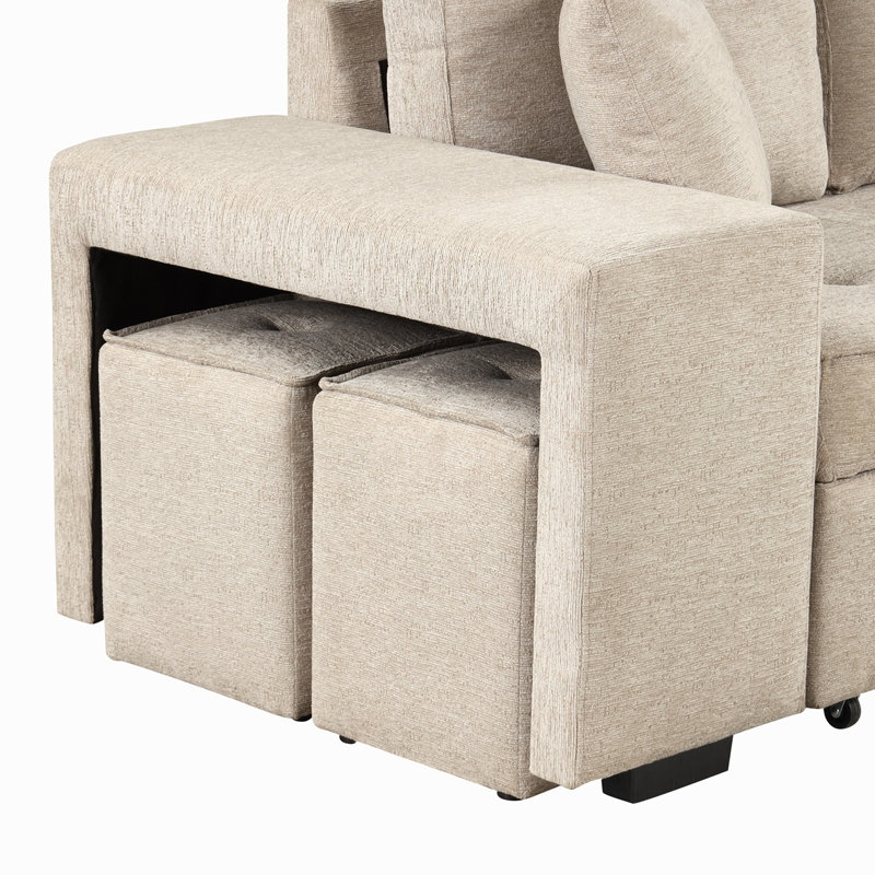 Canapé-lit modulaire en L de 104,4 po avec méridienne avec rangement et 2 tabourets Julide, Chenille crème