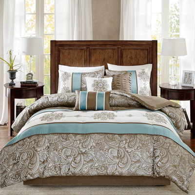 Édredon 7 pièces bleu royal avec motif cachemire doux et détails bruns pour mettre en vedette Fascination