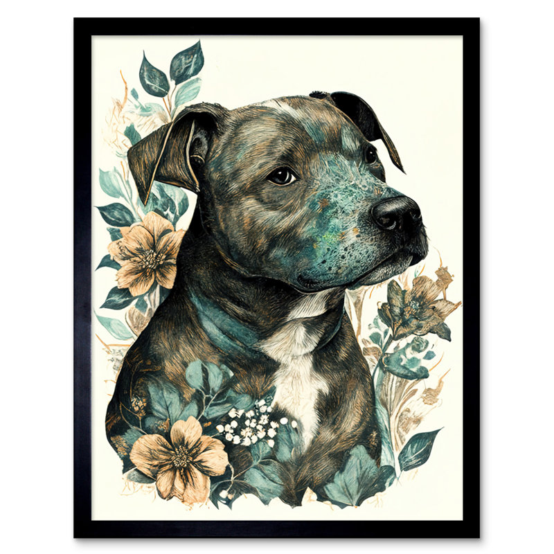 Black Staffordshire Bull Terrier And Flowers Detailed Coloured Pencil Portrait - Single Picture Frame Print