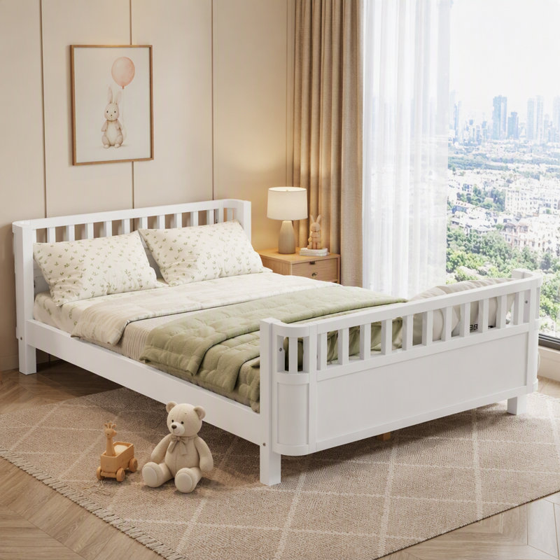 Low Profile Wooden Kids Platform Bed with Safety Guardrails, Detachable Side Rails for Boys and Girls