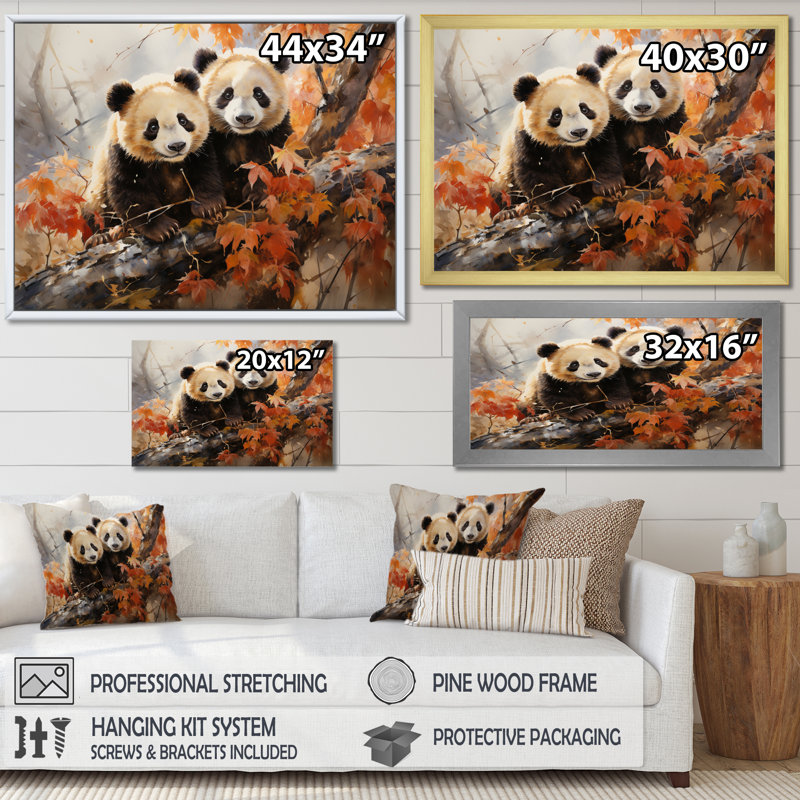 «China Pandas Playful I» sur toile, Cadre flottant doré, H 30 po x l 40 po x P 1,5 po