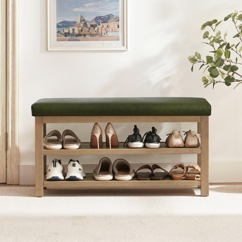 Banc de rangement Mid-Century, Light Yellow Wood/Green