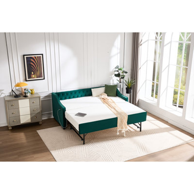 Lit de jour simple en velours avec couchette, port de charge et poches de rangement latérales, passepoil ondulé avec accoudoirs à dossier, pièce de chambre contemporaine capitonnée, décoration élégante