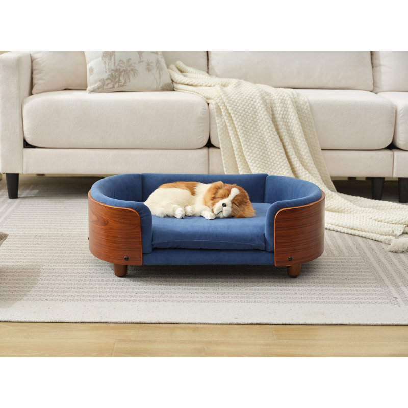 Lit pour chien en bois massif avec dossier et coussin Chetanna, Bleu très foncé, H 9,85 po x l 30,7 po x P 20,08 po