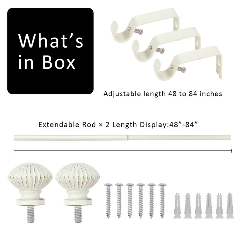 Tringle à rideau simple 5/8 po avec embouts de bateau, Blanc patiné, 48" - 84"