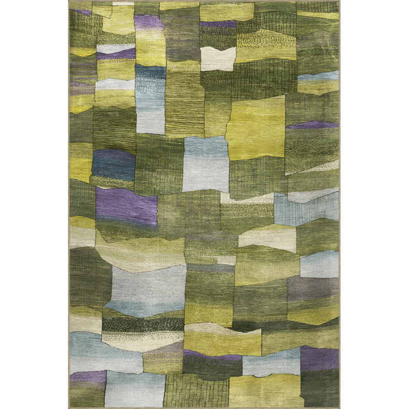 Tapis décoratif vert à motif géométrique multicolore, Rectangle 5 pi 1,02 po x 7 pi 6,55 po