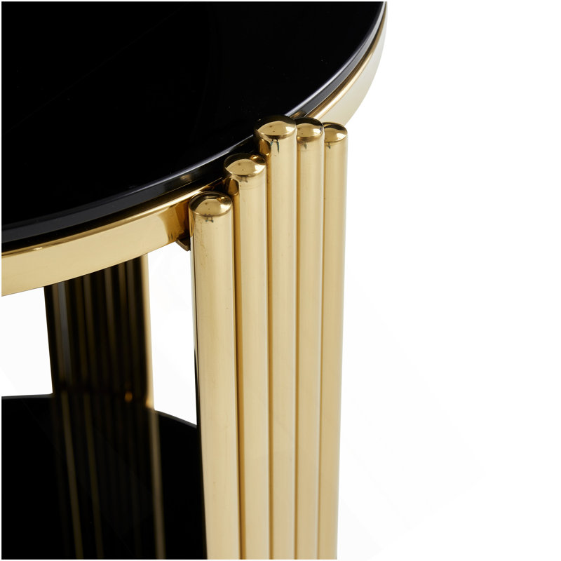 Table de bout moderne de 16,9 pouces, table de chevet, table de salon en verre trempé noir à double couche et cadre en acier inoxydable doré, table ronde, assemblage facile.