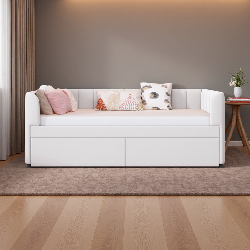 Lit de jour simple rembourré avec dossier ergonomique et 2 tiroirs, Beige