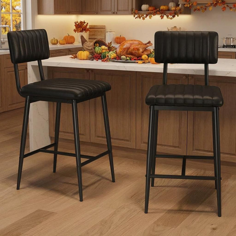 Counter Stool with Metal Frame, Black Seat/Black Frame