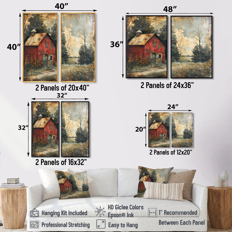 Ensemble de 2 granges campagnardes vintage rouge et gris d'hiver, 20" H x 24" W, Impression encadrée flottante, Brown