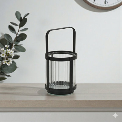 Vortial Black Metal Banded Ridged Glass Lantern