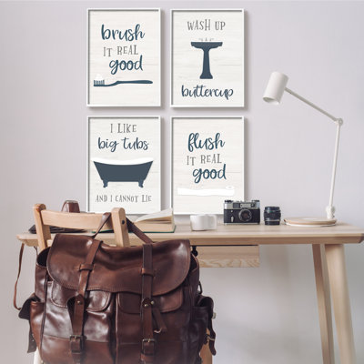Bathroom Rules Humor Good Hygiene Puns Blue Grey 4pc White Framed Giclee Texturized Art Set by Natalie Carpentieri
