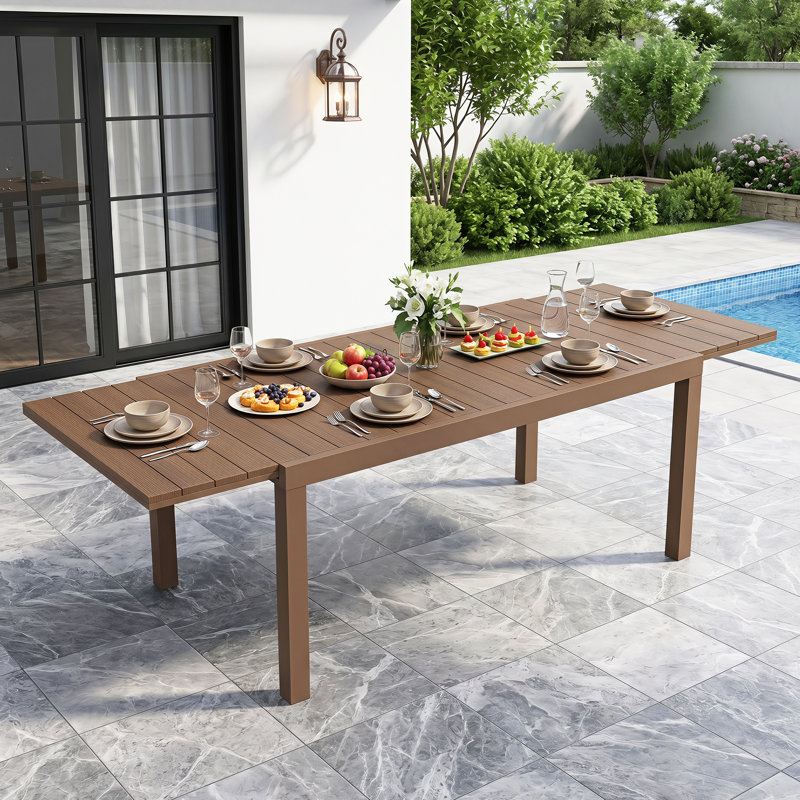 Table de salle à manger extensible pour 4 à 8 personnes en PEHD à grain de bois et cadre en aluminium avec verrous de sécurité et pieds réglables