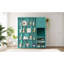 Lit simple bleu sarcelle rotatif avec plan de rangement pour bibliothèque, solution de rangement pour armoire supérieure, surface de travail escamotable et compartiments latéraux à l'ombre, bibliothèque intégrée, boîte dissimulée intégrée, zone extensible