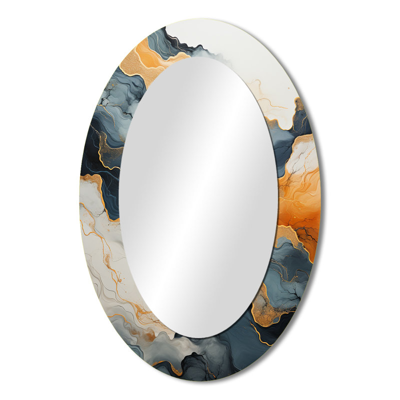 Abstrait abstrait orange et bleu River II - miroir mural ovale moderne, H 36 po x l 24 po