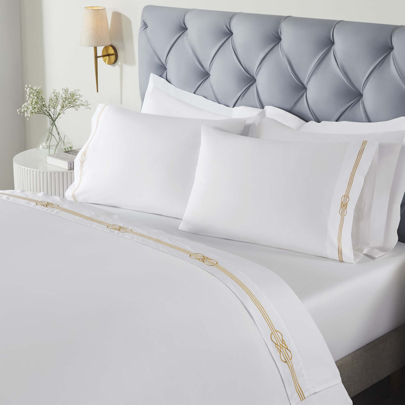 Ensemble de draps en coton brodé Moonlawn, Ensemble de draps pour lit simple avec 1 taie d'or, White/Gold