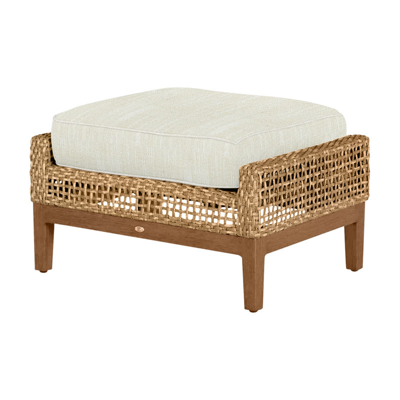 Peninsula Outdoor Ottoman with Cushion, Rollo Cream InsideOut® Linen, Light Raffia/Natural Sandalwood, Welt + Standard fill