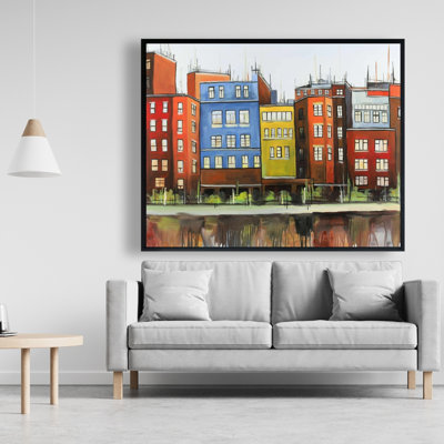 Boston Colorful Buildings - Blue Cities Framed Canvas Art