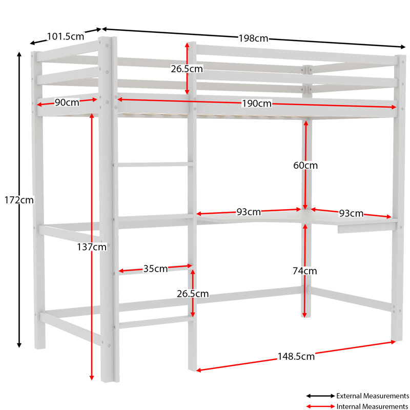 Muskoka Single (3') Bed Frames High Sleeper Loft Bed with Built-in-Desk, White