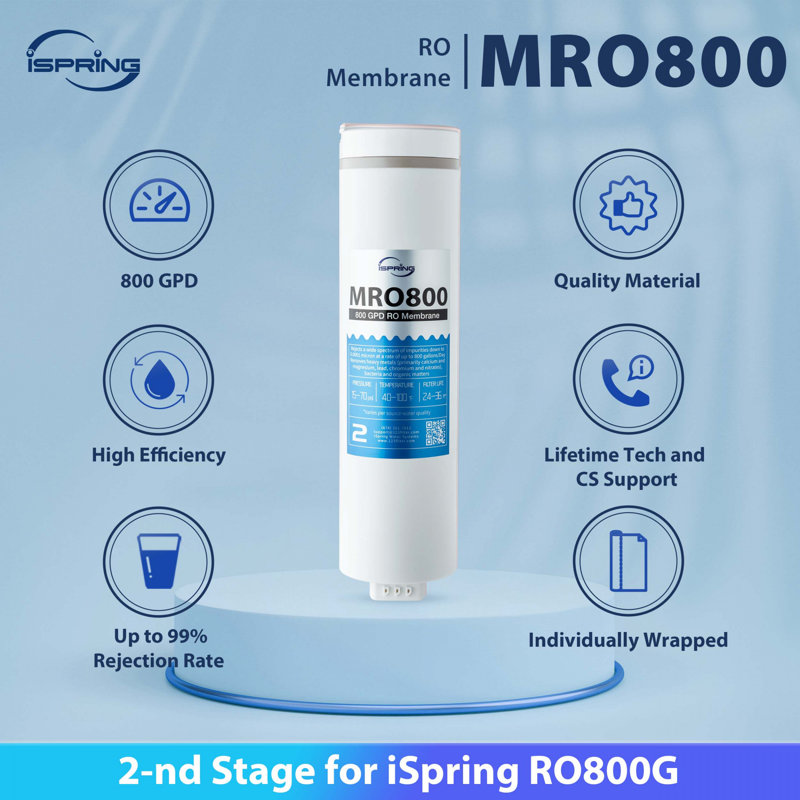 Remplacement de l'osmose inversée à membrane iSpring MRO800 RO, débit élevé jusqu'à 800 GPD, rapport de 2,5: 1 eau pure / eau usée