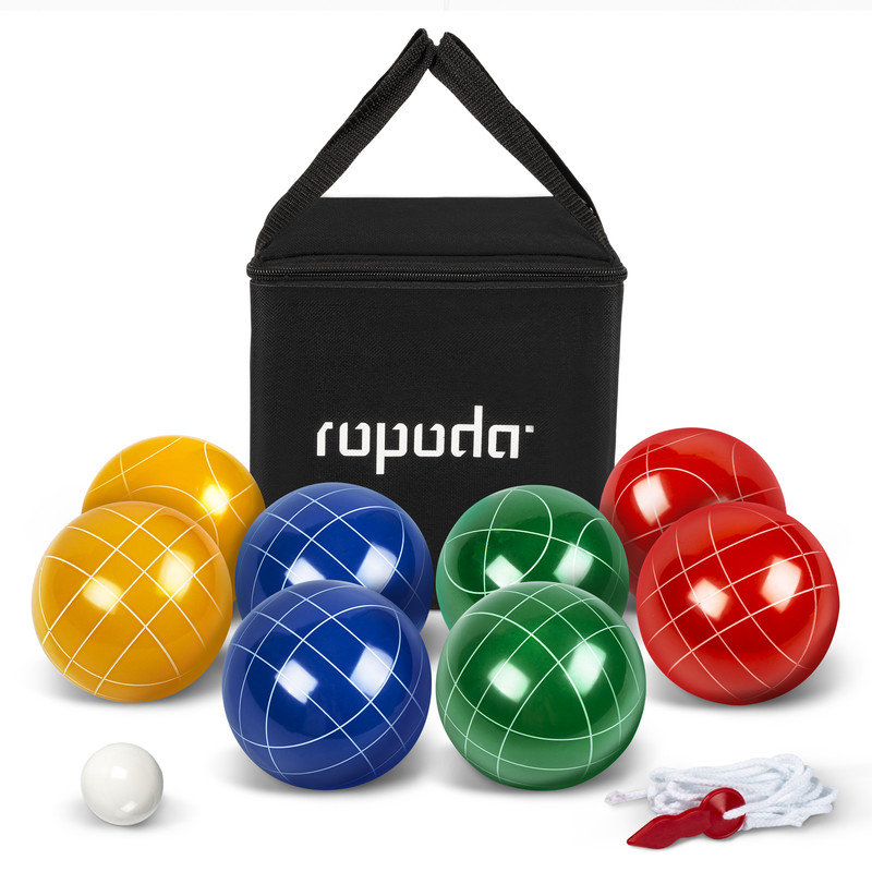 Set Completo Bocce Play Platoon Con 8 Sfere In Resina 90mm (4 Rosse, 4 Blu), Pallino, Borsa Trasporto E Corda Misurazione, Gioco Da Esterno Per Famiglia