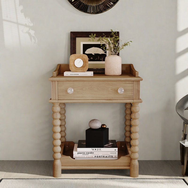 Retro Style Nightstand With 1 Drawer, An Open Shelf, Turned Legs And Metal Handles
