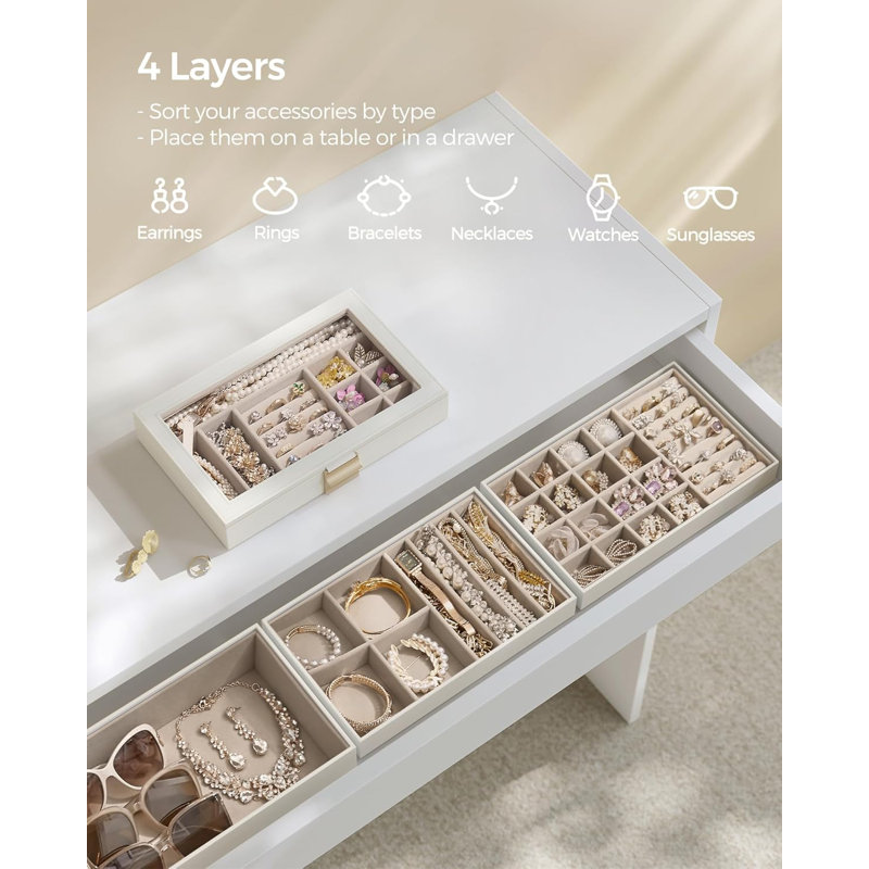 Plateaux à bijoux empilables, boîte à bijoux à 4 niveaux, tiroir à bijoux, avec couvercle en verre, blanc nuage