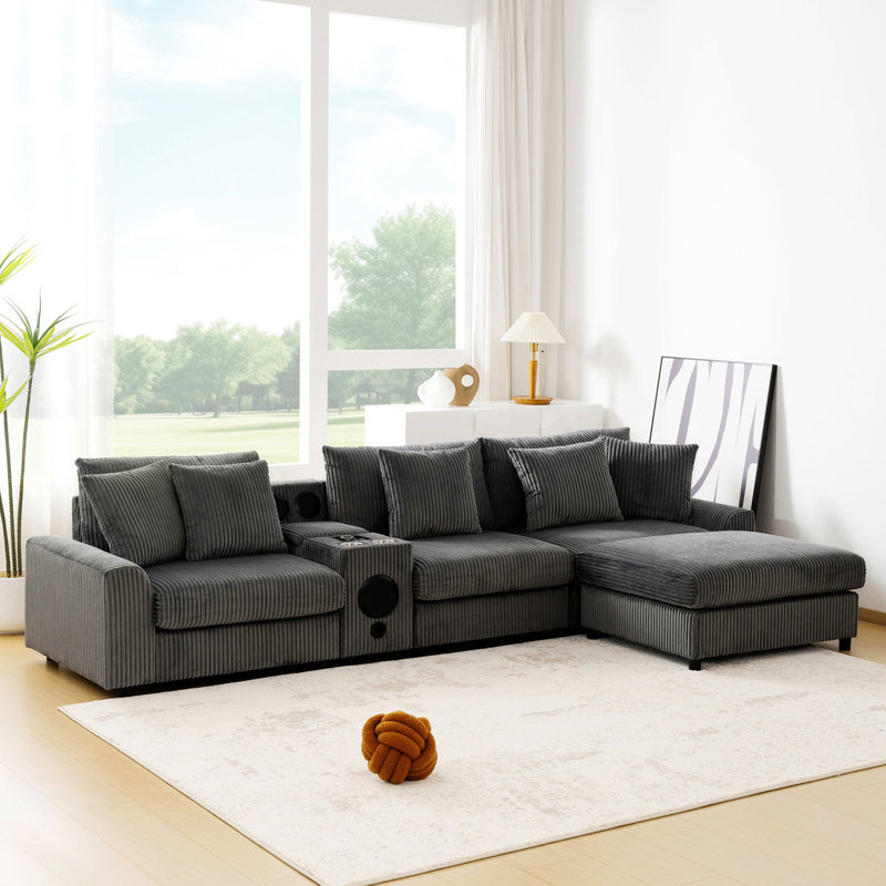 Canapé modulaire avec haut-parleurs Bluetooth, canapé en L avec console, chargeur USB, porte-gobelet pour le salon