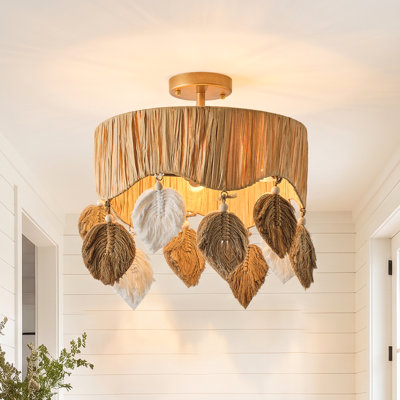 16" Boho 4-Light Handwoven Drum Dimmable Semi-Flush Mount Ceiling Light With Tassels, Gold Metal & Raffia Shade, Decorative Organic Modern Fixture