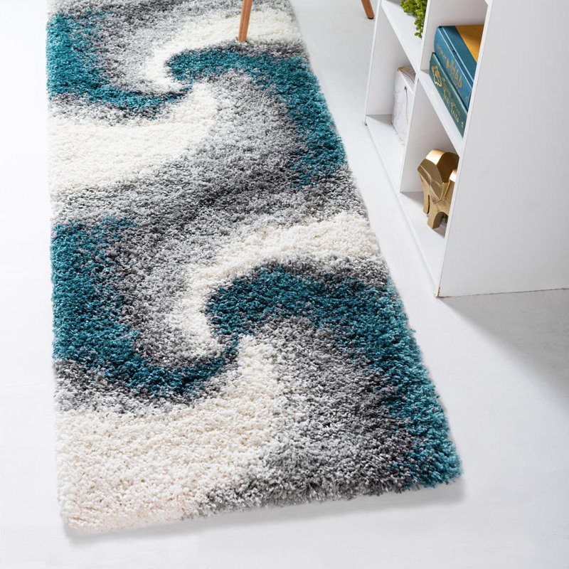 Tapis abstrait kaki , Turquoise/Gris, Tapis de couloir 2 pi 7 po x 10 pi