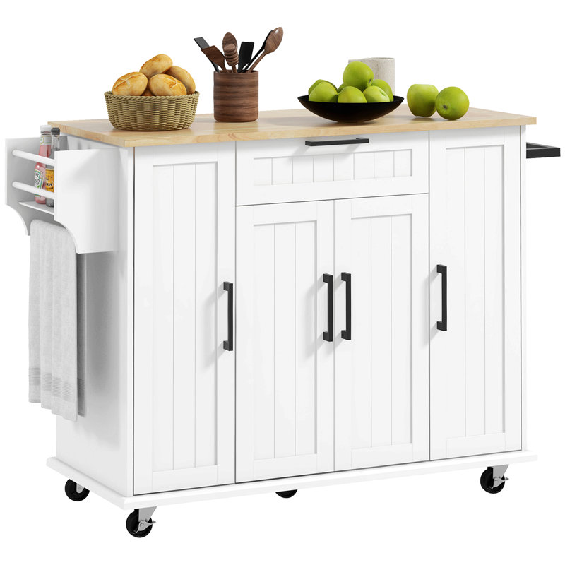 Îlot de cuisine sur roulettes, chariot de cuisine avec plateau en bois d'hévéa, tiroir, étagère à épices, porte-serviettes, armoire de rangement avec tablettes intérieures réglables