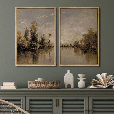 Rustic Countryside " Tranquil River Reflections Pair Of Serene " 2 - Pieces