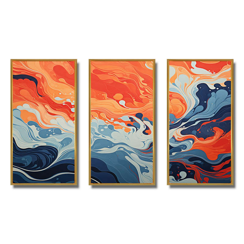 Encre liquide bleue et orange «Waves I» - art mural abstrait à encre liquide, Cadre flottant doré, H 32 po x l 48 po x P 1 po