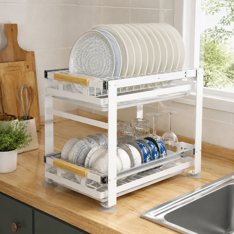 2-Tier Pull-Out Dish Drying Rack with Removable Drain Tray, White