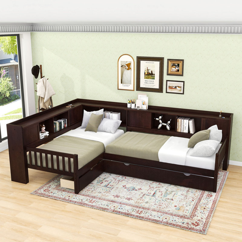L-Shaped Twin Platform Bed With Twin Trundle And Storage Drawers, Espresso