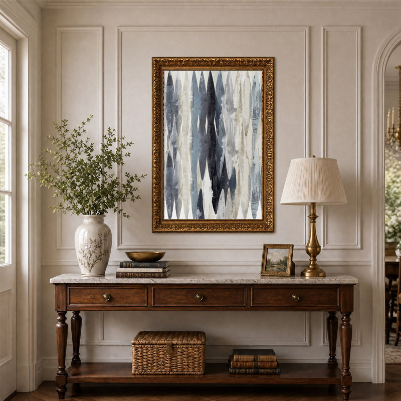 Tableau abstrait texturé gris et bleu sur toile représentant des feuilles, H 24 po x l 16 po