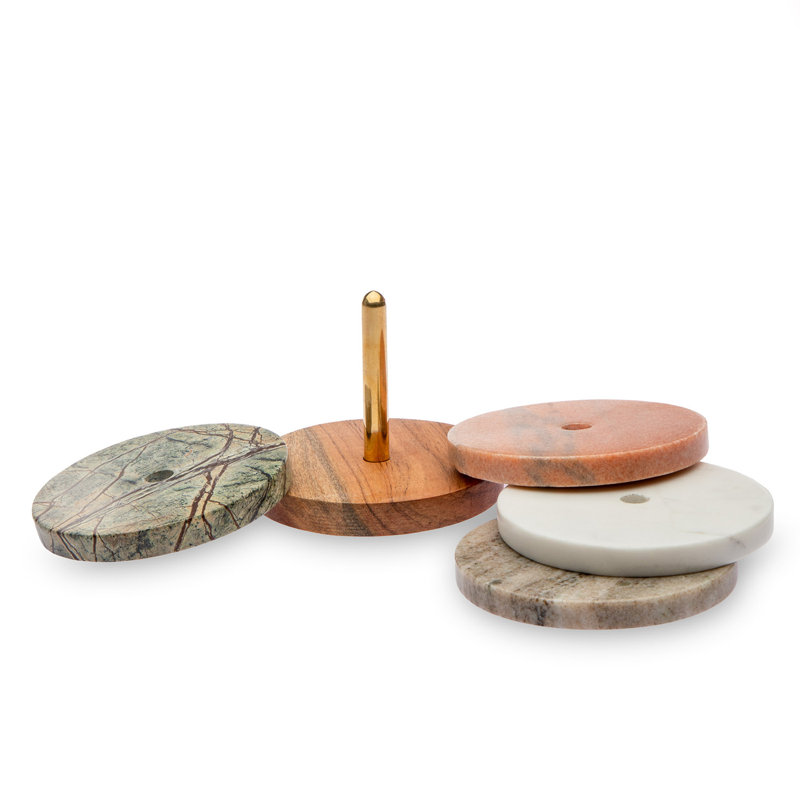 Assorted Marble and Acacia Wood Coaster Set with Brass Holder