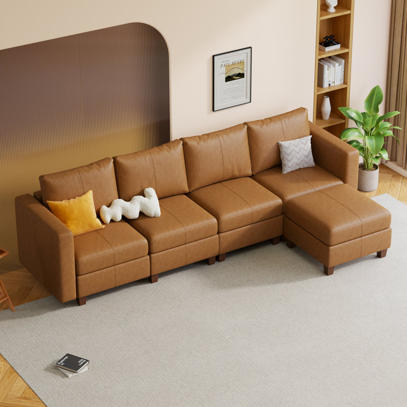  Canapé modulaire modulaire avec repose-pieds avec rangement, canapé modulaire rembourré et confortable pour salon, chambre à coucher, canapé en L 4 places avec 1 repose-pieds, similicuir brun