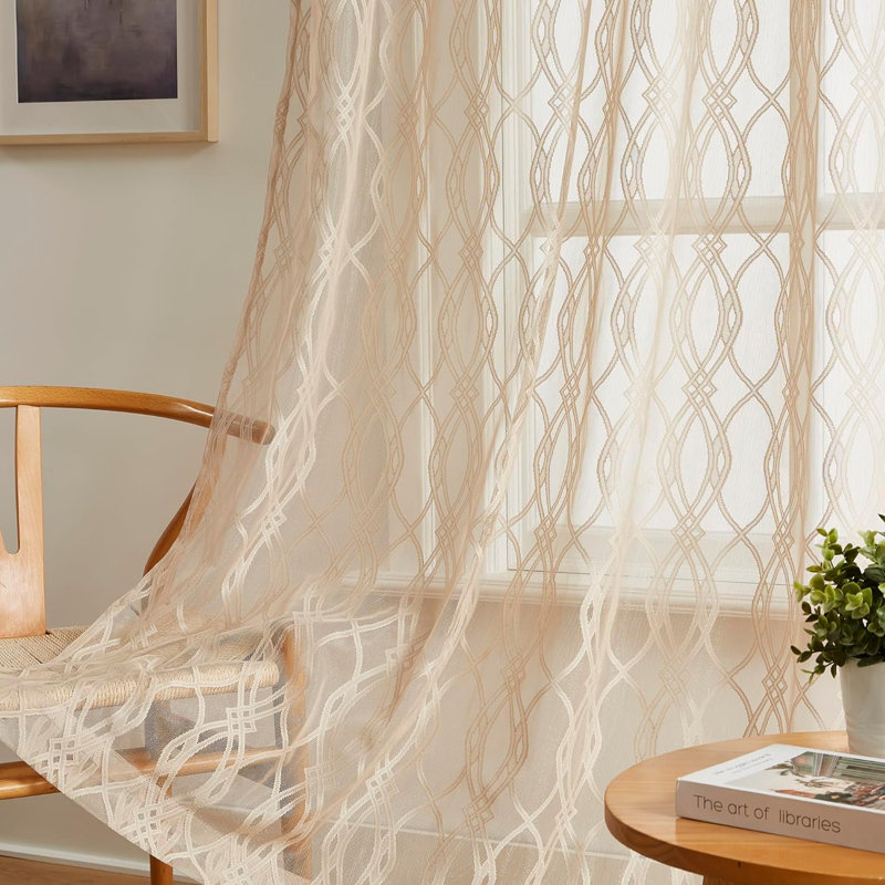 Roselius Polyester Blend Sheer Curtain Pair, Beige, 54" W x 96" L