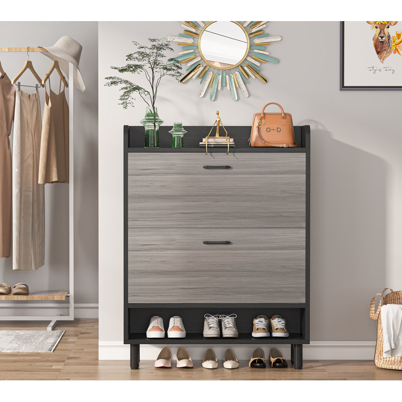 22 Pair Solid Wood Shoe Storage Cabinet, Black/Grey