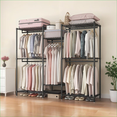  Heavy Duty Freestanding Carbon Black Garment Rack, Adjustable Portable Closet Organizer with 8 Shelves and 5 Hanging Rails