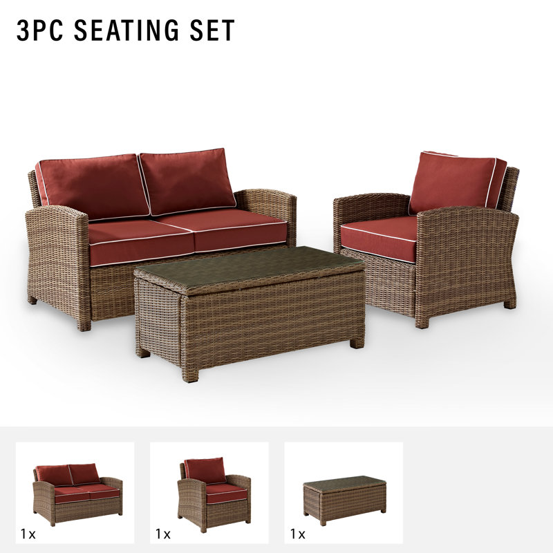 3 - Person Patio Conversation Set with Cushions, Sangria, Brown