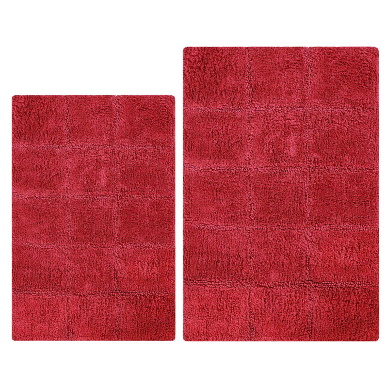  Brentwood Non-Slip Checkered 100% Premium Cotton Bathroom Rug Set, Burgundy